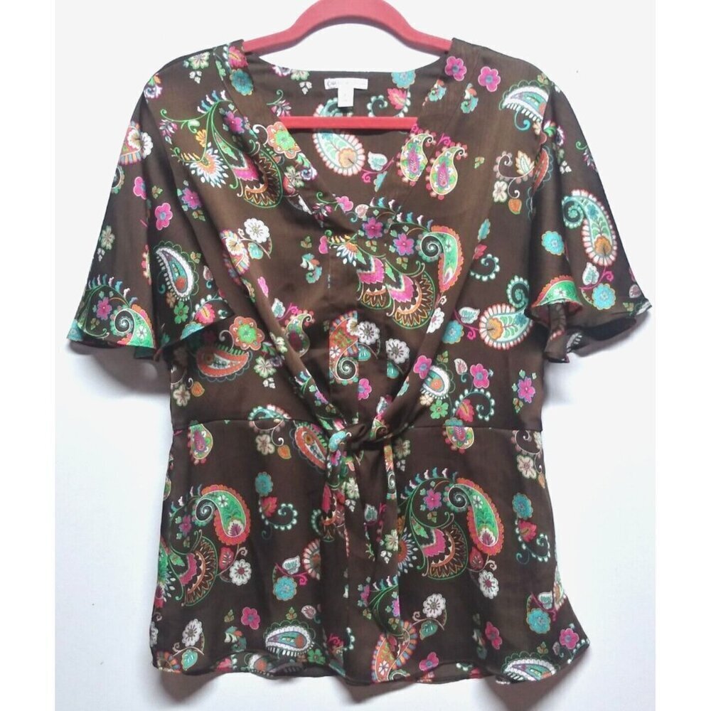 Cato top blouse Paisley brown blue pink Sz L Flowy flutter Sleeve Front ties EUC